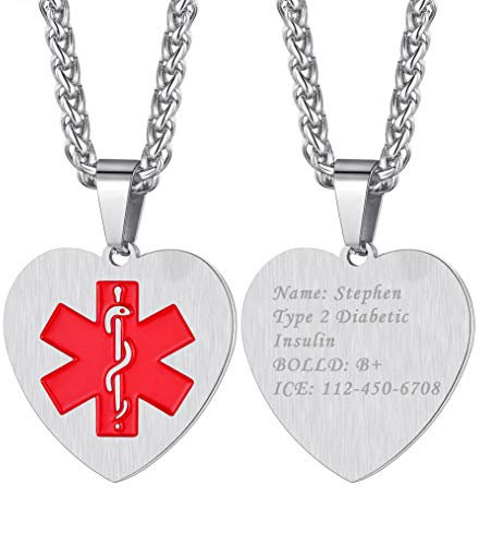 Bandmax personalisiert Medical Alert ID Kette Edelstahl Herz Anhänger mit roten Äskulapstab Symbol SOS Notfall Identifizierung Gravur Schmuck Accessoire für Epilepsie Allergie Patienten