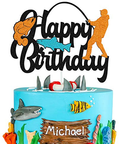 Fish Cake Topper Happy Birthday Sign Cake Decorations for Man Kids Boy Fisherman Gone Fishing Themed Birthday Party Supplies Black Glitter Decor