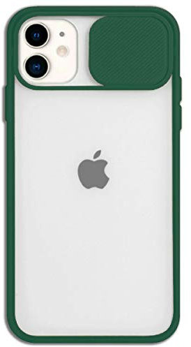 Mixroom - Cover Custodia per Apple iPhone 12 Protezione Fotocamera con finestrino Scorrevole in Silicone TPU Semi Trasparente Verde Scuro