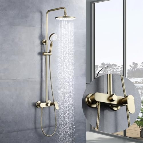 Columna de ducha dorada, conjunto de ducha con mezclador de ducha y ducha de mano, colone ducha ajustable en altura, grifo de ducha