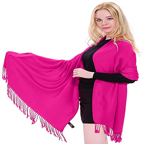 CJ Apparel Bright Pink Solid Colour Tassels Design Nepalese Shawl Scarf Wrap Stole Throw Head Wrap Pashmina Hand Made in Nepal