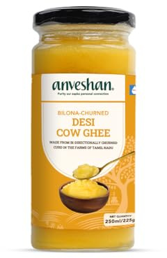 Anveshan A2 Ghee de vache 250 ml | Bocal en verre | Méthode Bilona | Baratté au lait caillé | Pur, naturel et sain | Testé en laboratoire