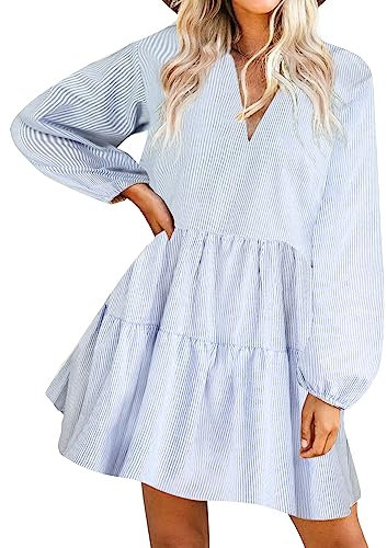 FANCYINN Mini robe droite ample avec poches, manches évasées, ourlet à volants et col en V - Jolie tunique fluide pour femme, Taille S
