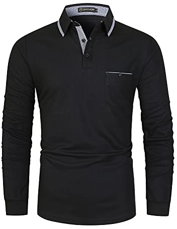 GHYUGR Men's Polo Shirt Long Sleeve Plaid Splice Collar Golf Tennis T-Shirt,Black 1,M
