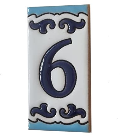 Medelo-02 - Numeri civici in ceramica dipinta a mano, 7,5 x 3,7 cm, motivo: lettere e simboli, piastrelle e cornici in filigrana (numero 6)
