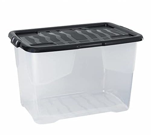 3 Stück - Strata Curve Aufbewahrungsbox mit schwarzem Deckel, 65 Liter, 60x40x37cm - transparent