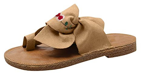 YUMIJUAN Sandales Femmes Plates Été Plage Vacances Casual Nu Pied Vintage Broderie Fleurs Chaussons Chic Et Élégant Bow Pantoufles Entre Doigt Bout Ouvert Pas Cher A La Mode (Khaki, 36)