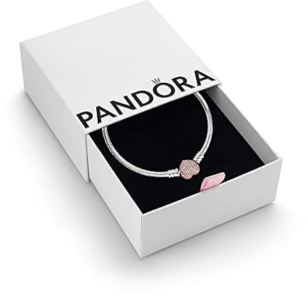 PANDORA Moments Women's 14k Rose Gold-Plated and Sterling Silver Pavé Heart Clasp Cubic Zirconia Snake Chain Bracelet for Charms, Size 20, With Gift Box