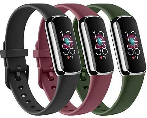 Vancle 3 Pack Kompatibel mit Fitbit Luxe Armband, Weich Silikon Verstellbare Sport Ersatzband für Fitbit Luxe Tracker Damen und Herren (S, Schwarz/Weinrot/Armeegrün)
