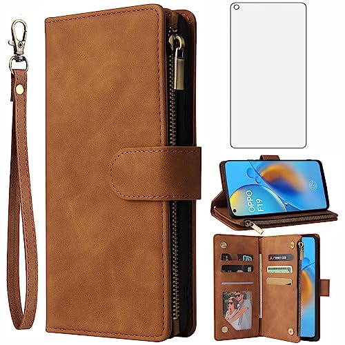 Asuwish Handyhülle für Oppo A74 4G/F19 CPH2219 Hülle mit Folie Schutzfolie und Kartenfach Klappbar Leder Geldbörse Ständer Reißverschluss A 74 74A F19S A95 Handy Hüllen Schutzhülle Phone Case Braun