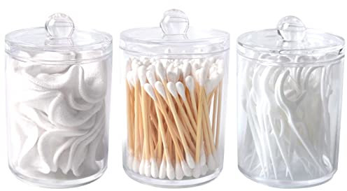 ProChosen 3 Pack Cotton Swab Ball Pad Holder, Cotton Pad Holder with Bamboo Lid Acrylic Clear Cotton Bud Holder Dispenser Bathroom Storage Jars Makeup Organiser Set anity Makeup Organizer