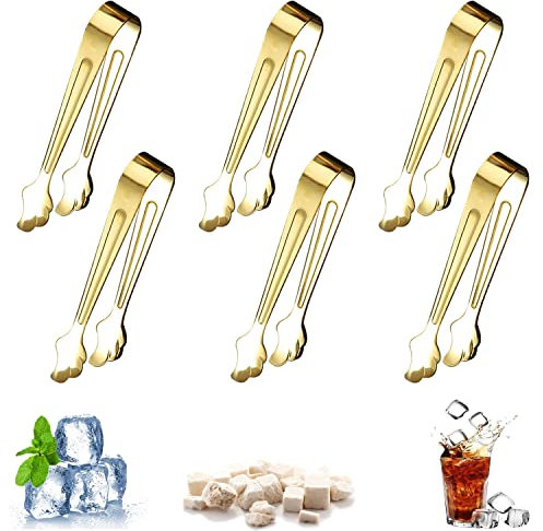 WUBAYI 6Pcs Stainless Steel Sugar Tongs, Mini Kitchen Thickened Serving Ice Tongs for Party Food Ice Drink Coffee Sugar Cube (Gold)