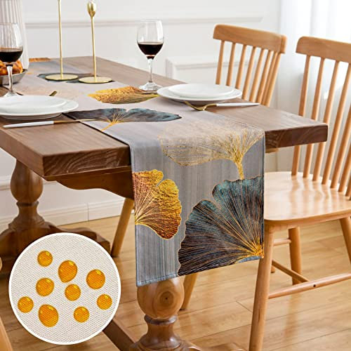 Tischläufer Landhaus Tischläufer Abwaschbar Outdoor Tischläufer Grau Modern Esszimmer Tischläufer Gelb Goldener Türkis Ginkgo Biloba Tischläufer für Drinnen und Draußen Wohnzimmer Dekor 33x183cm