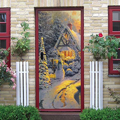 3D Türtapete Selbstklebend 77 X 200 Cm Winter Holzhaus Schneeszene Diy Wandbild Pvc Wasserdicht Pvc Türtattoos Türposter Türaufkleber Fototapete Türfolie Für Tür,Wohnzimmer,Schlafzimmer,Küche Toilett