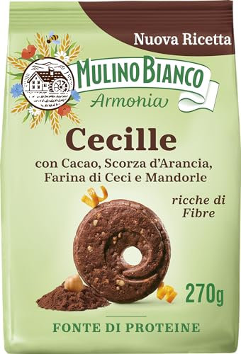 Mulino Bianco Cecille, Biscotti Frollini Senza Latte e Uova con Cacao, Scorza d'Arancia, Farina di Ceci e Mandorle, Ricche di Fibre, Fonte di Proteine, Confezione 270g