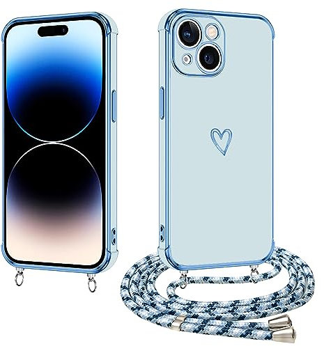E-Lush Handyhülle für iPhone 15 Hülle mit Band, Herz Love Muster Galvanik Silikon Handy Hülle für iPhone 15 Schutzhülle mit Kordel zum Umhängen Kameraschutz Stoßfeste Case, Blau