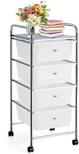 GIANTEX Carro de Almacenamiento con 4 Cajones Plásticos, Carrito Auxiliar con Estructura de Metal, Ruedas Bloqueables, 32 x 37 x 76 cm, Organizador para Baño, Cocina (Transparente)