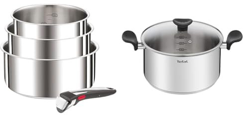 Tefal Ingenio Preference On L898S3 Lot de 4 casseroles avec poignée amovible & Faitout 24 cm (5 L) + couvercle verre, Tous feux dont induction, Acier inoxydable de première qualité, Garantie 10 ans