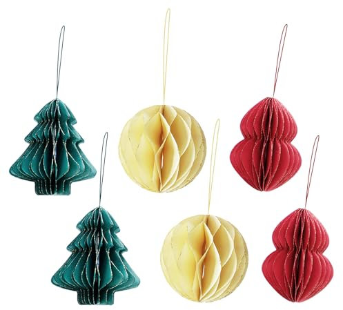 SHCHME Paper Christmas Decorations Set 6 Pcs Magnetic Honeycomb Paper Bells and Trees Hanging Decoration For Christmas Tree New Year Home Decorations