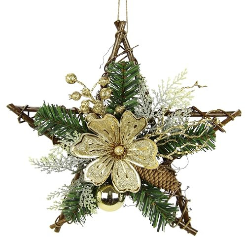 Stern aus Rattan dekoriert mit Magnolie echten Zapfen Tannenzweige Beeren Christbaumkugel Dekozweige Schleife zum Hängen Weihnachtsstern Türdeko Deko Wand Holz-Stern Weihnachtsdeko