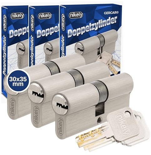 GERCAR Pro Profilzylinder 30/35 Massiver Schließzylinder gleichschließend 3er Set Doppelzylinder Zylinderschloss - Messing matt - inkl. 10 Schlüssel - Wendeschlüssel - Länge: 65 mm, A:30 B:35-3x