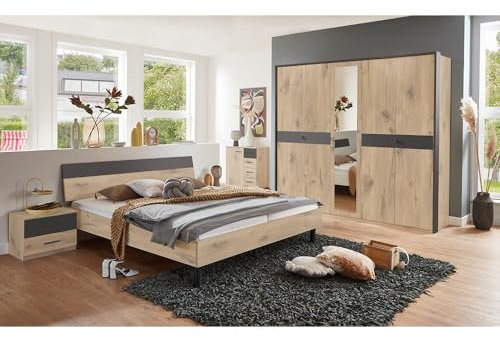 Lomadox Schlafzimmer Komplett Set 5-teilig, Bett 180x200 cm, 2X Nachtschrank, 1 Kleiderschrank, 1 Kommode in Eiche mit Graphit