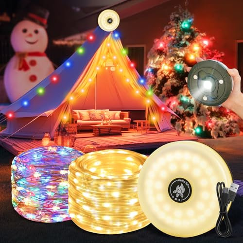 Mineup 8 in 1 Camping String Lights, 100LED 33FT/10M Portable Outdoor Camping String Lights Reel with 8 Modes, 2000mAh Rechargeable Waterproof Camping Fairy Lights for Tents,Yard, Christmas, Party