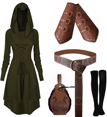 CNVAUIE Mittelalter Kleidung Kostüm Damen Set Mittelalterliches Kapuzenkleid Set Renaissance Kostüm Set mit Armschützern Gürtel Gürteltasche Strümpfe Zubehör