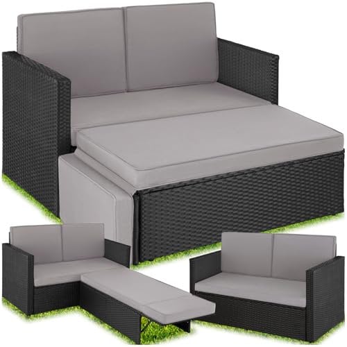 tectake® Sofa Set - 2 Sitzer Sessel mit Hocker und Schlaffunktion, kleine Rattan Couch als Outdoor Gartenmöbel, wetterfest für Lounge, Balkon und Garten, klappbar mit imprägnierten Polstern - Schwarz
