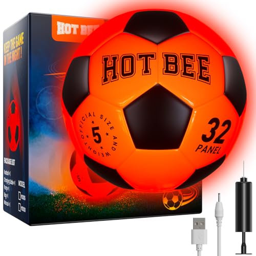 Hot Bee Leuchtender Fußball Aufladbar Leder Fußball Größe 5 Fußball Kinder Geschenke für 8–12 Junge Teenager Weihnachten Geburtstage Geschenke Spielzeug für Jungen ab 9 10 11 12+ Fussball mit Tasche