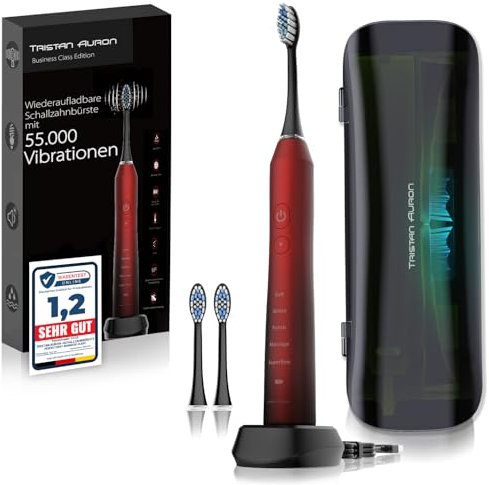 Tristan Auron Schallzahnbürste – Elektrische Zahnbürste mit UV-Reiseetui – 5 Modi & 55.000 Schwingungen – 2 Bürstenköpfe – Schallzahnbürste für Reisen & Alltag (Rot)