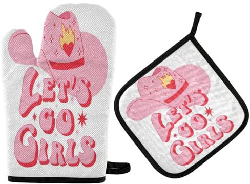 Ufuson Cowgirl-Hut mit Herz, Ofenhandschuhe und Topflappen, Set Let's Go Mädchen, Küchenhandschuhe, hitzebeständig, zum Kochen, Backen, Grillen