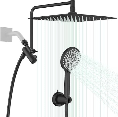Kurpot Soffione doccia doppio con doccetta combinata, soffione doccia a pioggia in acciaio inox da 25,4 cm con palmare, 3+3 modalità doccia, braccio estensibile regolabile da 33 cm e tubo doccia lungo