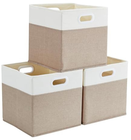 Mangata Aufbewahrungsbox 33x38x33 cm, faltenfrei Stoff Aufbewahrungskörbe für Kallax, Kleiderkörbe, Körbe, Truhen, Spielzeug (3 er, Helles Khaki/Beige Weiß)
