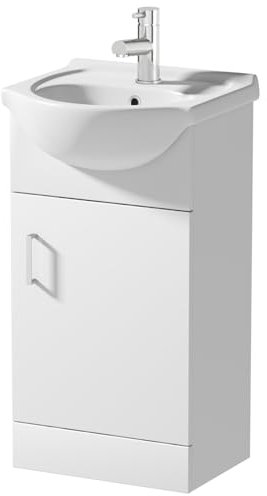 BAYSTONE® 450mm Vanity Unit Basin Sink Bathroom Storage Cabinet Cupboard Freestanding, Single Tap Hole Ceramic Wash Basins, Soft Close Door, White Gloss