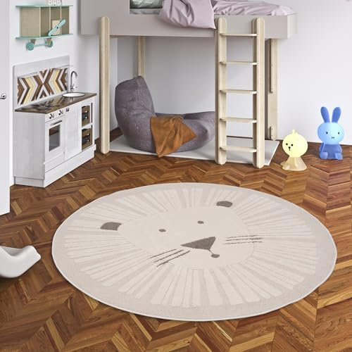 Happy Kids Kinder Löwe Beige Rund - Weich, Strapazierfähig & Schadstoffgeprüft - Hoch-Tief-Struktur, 100% Polypropylen, Pflegeleicht, rutschfest - Perfekt für Kinderzimmer