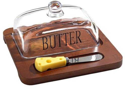 19,6 x 19 x 8,5 cm, portaburro in vetro con coperchio, portaburro con campana in vetro curvo per formaggio, cupola di limone per torte, dessert, casa, cucina, ristorante - marrone scuro