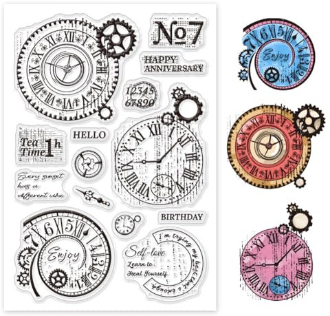 GLOBLELAND Vintage Zahnraduhr Transparente Stempel für Scrapbooking Steampunk Uhr Klare Stamps Retro Hintergrund Silikonstempel Für Kartengestaltung DIY Prägung Journaling