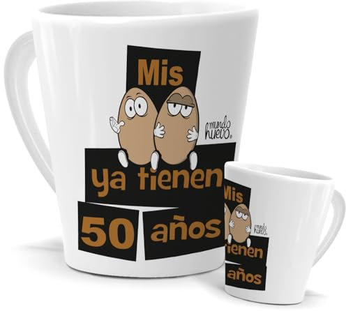 Taza Cónica 350 ML Con Purpurina Plata - Mis Huevos ya tiene 50 años - Sorpresa de 50 Cumpleaños | Mensaje Original en Cerámica | Para Café y Té | Feliz Cumpleaños Hombre