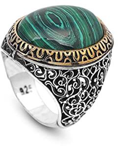Jewellery Pit - Handgemachter Malachit-Ring im osmanischen Stil – Gravierter Edelsteinring aus poliertem 925 Sterling Silber, Vintage Herrenring und Verlobungsring inklusive Adeau Silberputztuch (74)