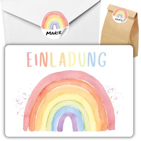 celebr8te 12x Einladungskarten mit Regenbogen Hochglanz Motiv - Für den Kindergeburtstag von Mädchen - Bunte Geburtstagseinladungen +12 Umschläge +24 Sticker +12 Geschenktüten