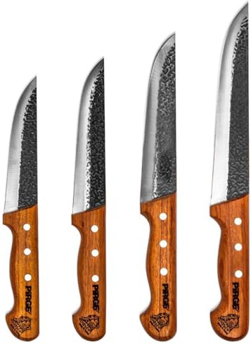 Pirge Elite Handgeschmiedet Schlachtermesser Set mit Lederscheide 4 TLG Metzgermesser - Fleischermesser - Stechmesser - Exzellenter Schärfe Edelstahl Küchenmesser - Naturholz Griffdesign