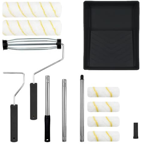 Paint Roller Set 13Pcs Painting Roller Set 9 Paint Rollers Sets Twin Medium Pile Paint Roller Set with Paint Tray Large & Small Rollers & Sleeves Extension Pole, for Painting Walls, Edges & Ceilings