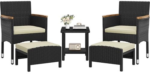 Abician 5 Pièces Salon de Jardin Exterieur en Résine, 2 Fauteuils, 2 Repose-Pieds et 1 Table Basse Plateau en Verre Trempé, Ensemble Mobilier de Jardin pour Terrasse Patio Pelouse Noir/Beige