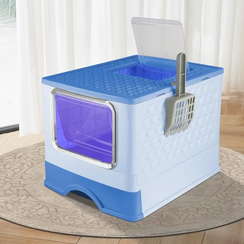 Maison de Toilette pour Chat,Bac à Litiere Chat Autonettoyante,Litière Automatique Autonettoyant pour Chats avec des Rayons ultraviolets-52 * 39 * 39cm Stérilisation-Bleu