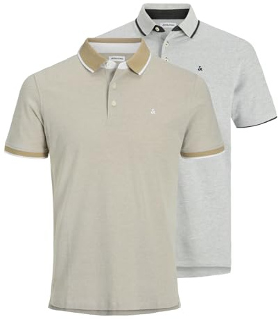 JACK & JONES Herren Shirts Poloshirt T-Shirt JJE Paulos Polo 2er Pack, Farbe:Mehrfarbig, Größe:2XL, Artikel:-Crockery/White Light Grey Melange