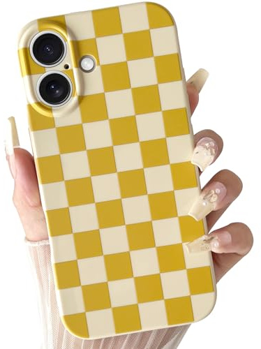 SmoBea Case for iPhone 16 Plus, Cute Checkered Checkerboard Pattern Design Soft TPU Silicone Phone Case with Camera Protection Slim Shockproof Protective Case for Women Girls - Yellow