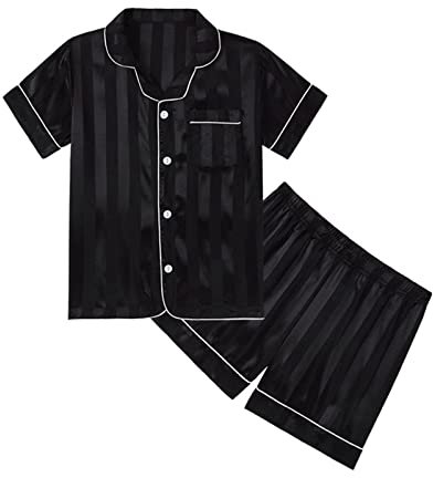 Sommer-Seiden-Pyjama-Set für Mädchen, Herz-, Stern-Druck, Jungen, kurzer Schlafanzug mit Knopfleiste, niedlicher Satin-Schlafanzug, Tasche, gestreift, bequem, weich, Loungewear, B-schwarz, 9-10 Years