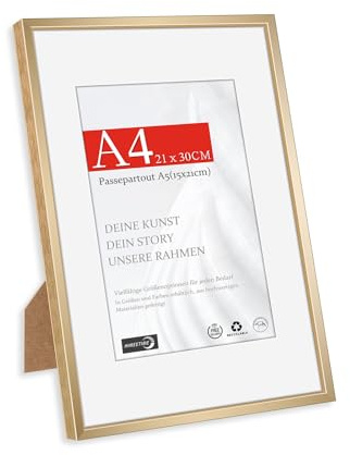HIMEETIME® 1x Bilderrahmen - A4 21x30 cm,Aluminium,Champagner Gold,Dokumentenrahmen zum Aufhängen im Hoch- & Querformat - Wandmontage oder Tischaufsteller