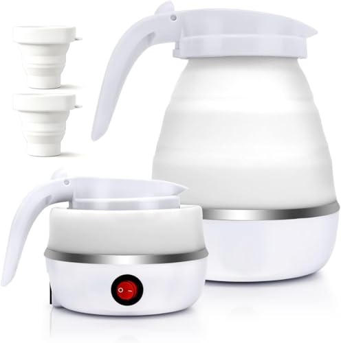 DASIAUTOEM Camping Faltbarer Wasserkocher, Elektrischer Wasserkocher, 0.6L Silikon Tragbarer Wasserkessel für Küche Reise Camping Outdoor (Weiß)